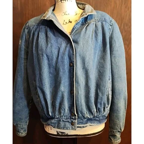 Vintage 80s Dawn Size Small Denim Blue jacket puff sleeve Plaid Flannel lining - Picture 1 of 5